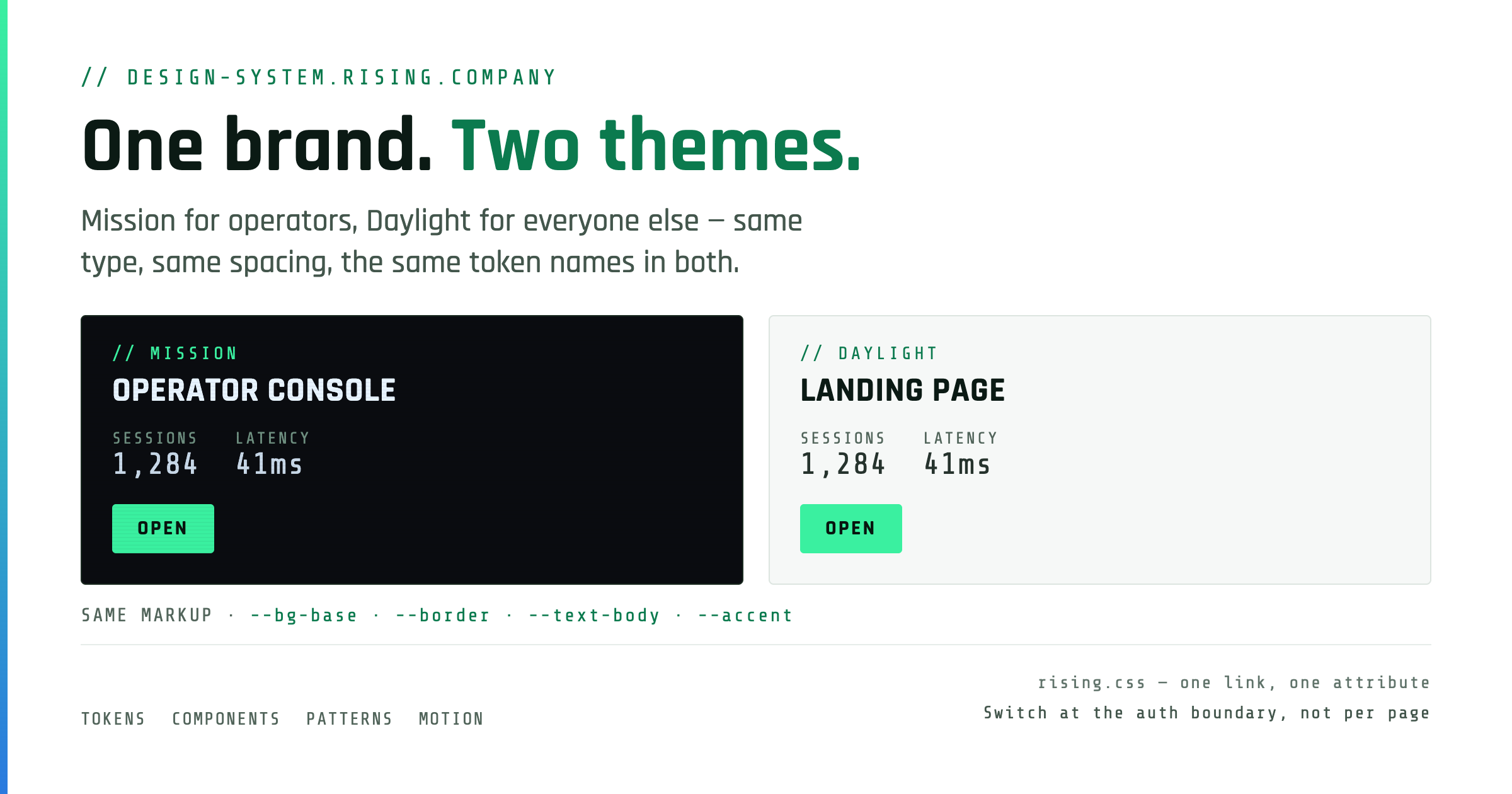 This site's own link preview card: the same console panel rendered twice, dark under Mission and light under Daylight, over the shared token names.
